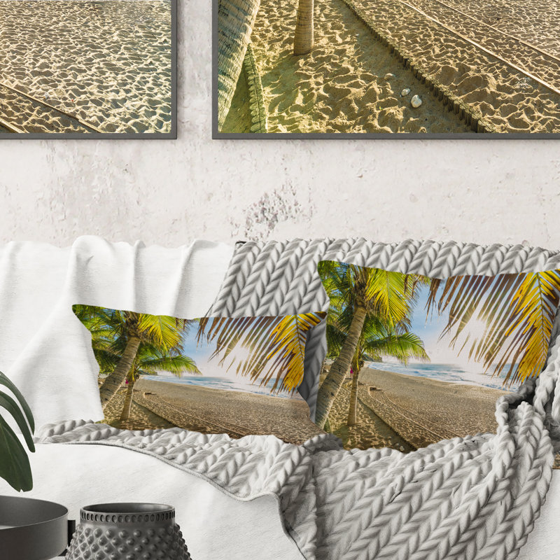 Coussin Tropical Beach avec feuilles de palmier - imprimé nautique et côtier, 16 po x 16 po