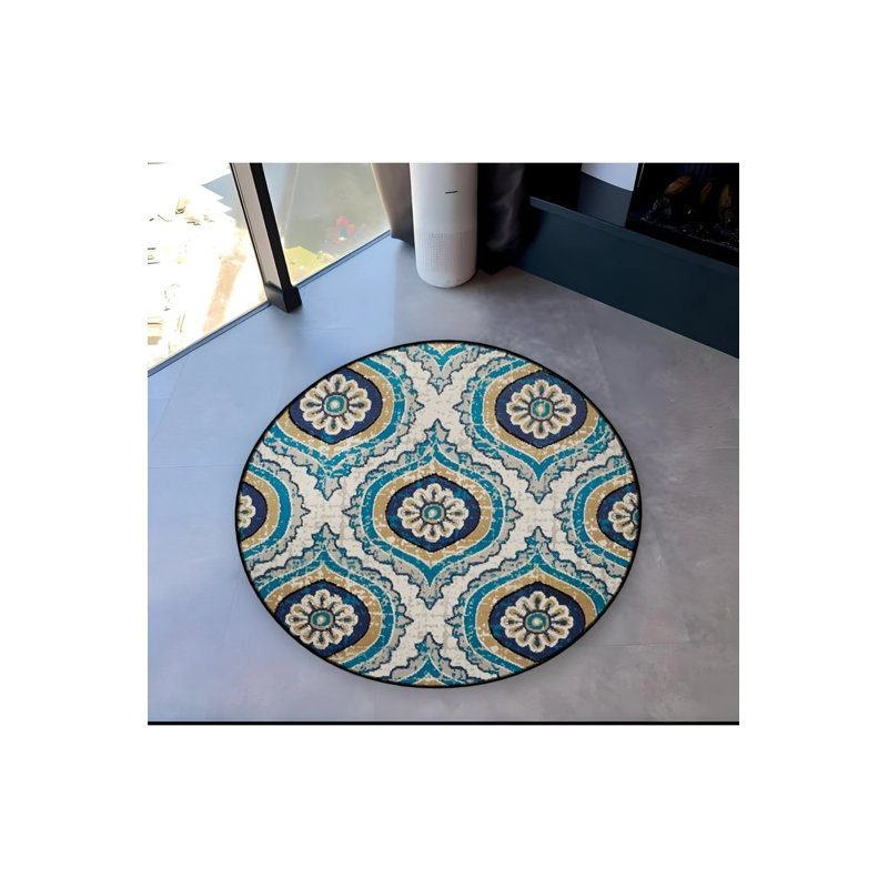 Blue Gray Tone Traditional Patterned Round Woven Base Vintage Decorative Carpet, Round 2'8"