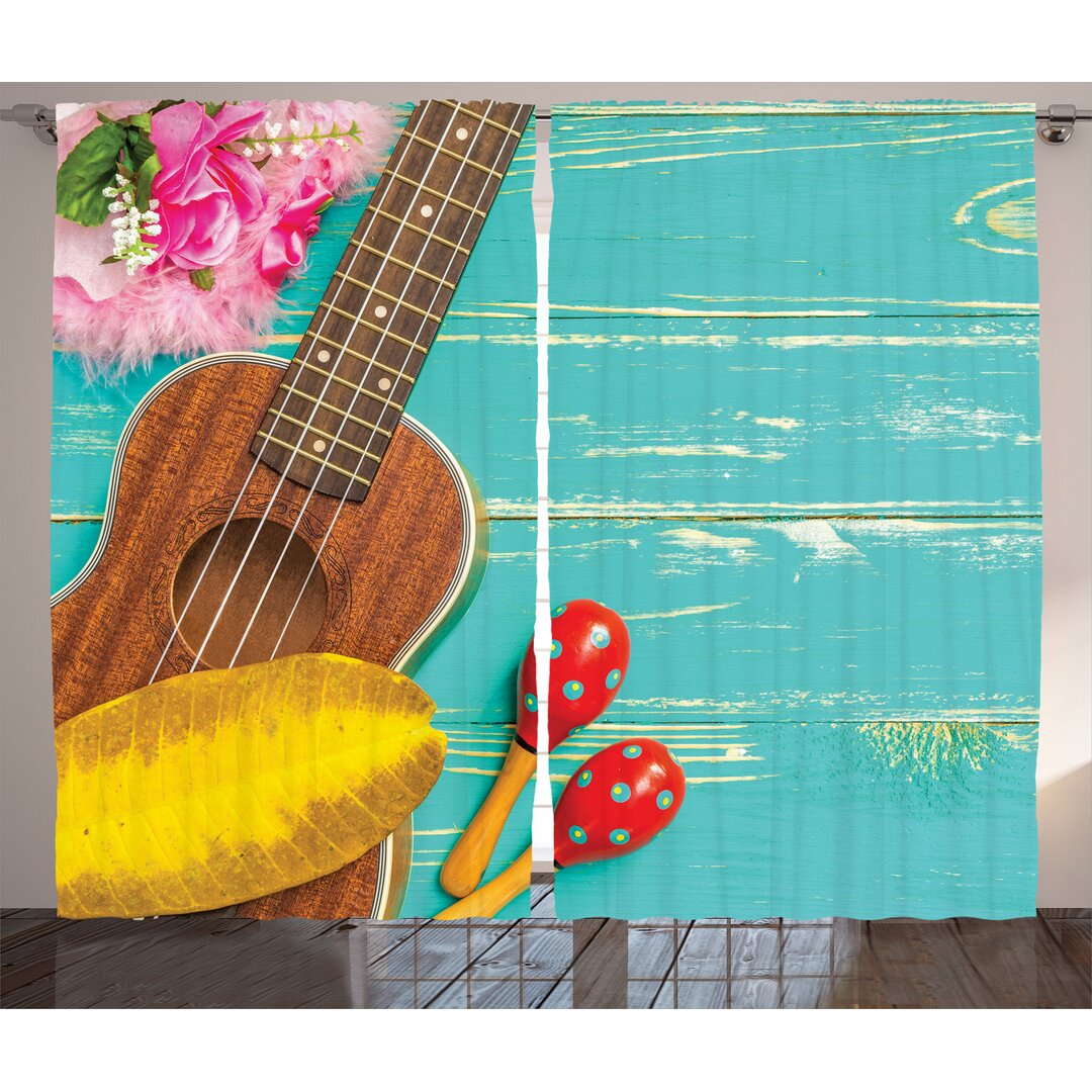 Rustikaler Vorhang, Hawaiian Sommer Ukulele, Musik, Gelb Braun Aqua