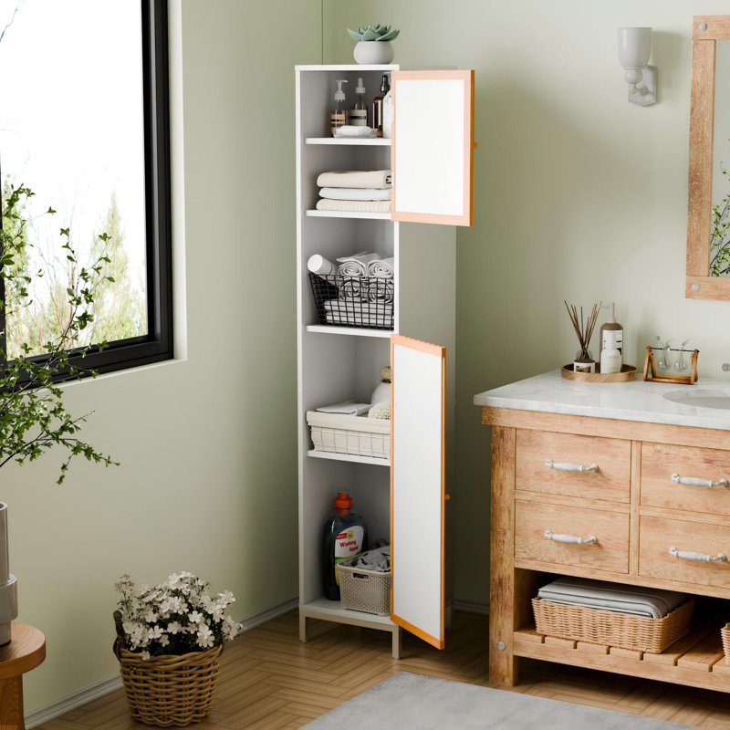 Bathroom Storage Cabinet with Bamboo Slat Doors, Adjustable Shelves for Small Space Organizer