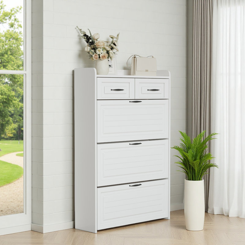 Range-chaussures avec 3 portes et 2 tiroirs, grand espace de rangement, Blanc
