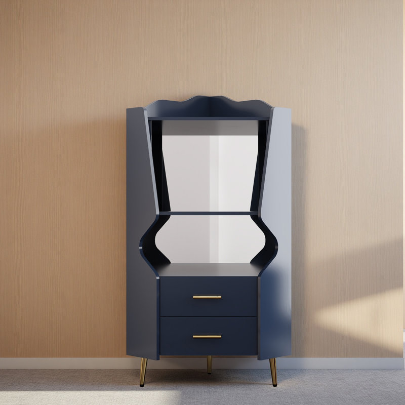 Wooden Corner Bar Cabinet With 2 Open Storage Shelves And 2 Drawers, Mirrored Back Sideboard Cabinet, High Feet/Legs For Easy Cleaning, Buffet Cabinet