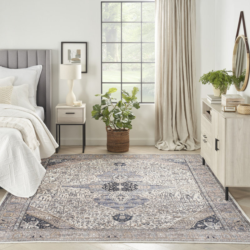 Tapis oriental lavé et antidérapant tissé à la machine 5 pi x 7 pi ivoire et bleu
