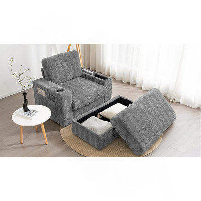Canapé simple surdimensionné de 42 po, fauteuil en fausse fourrure de lapin avec porte-gobelets, méridienne rembourrée avec repose-pieds avec rangement et accoudoirs, canapé-lit avec siège profond pour le salon, appartement