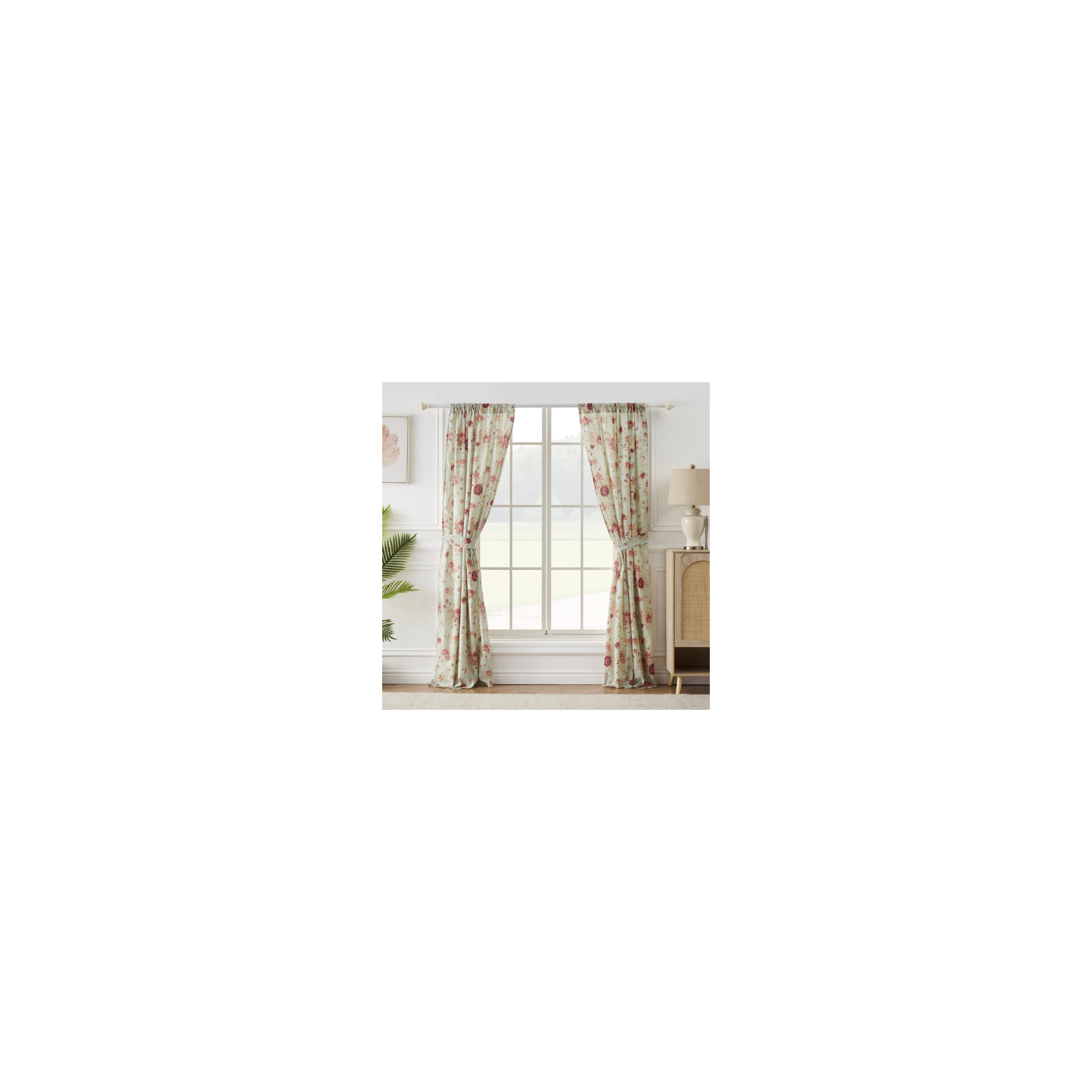 Antique Rose Nature/Floral Sheer Rod Pocket Curtain Panels, Seafoam