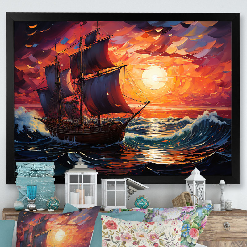 Bateau pirate au milieu de Legacy I - Bateau, art mural, Cadre d'angle fermé noir, H 24 po x l 32 po x P 1 po