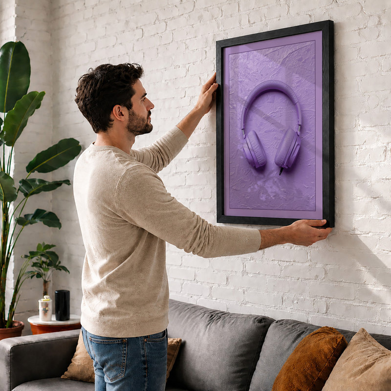 Lavender Headphones Minimalist - Framed Print, A4 - 29.7 x 21.0 cm, Oak