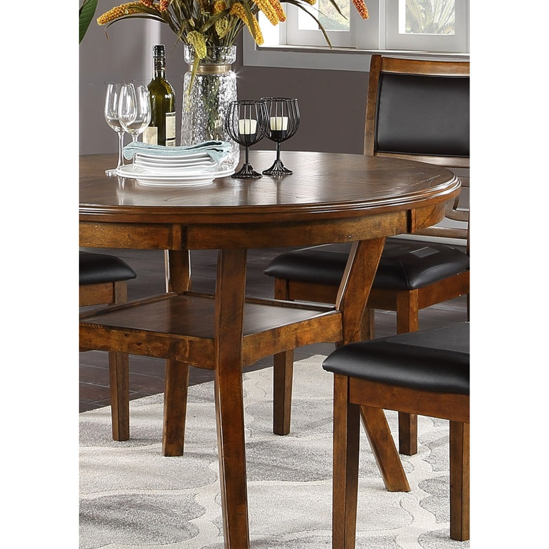 Table de salle à manger chic en noyer, ronde avec tablette et tablette élégante, Walnut