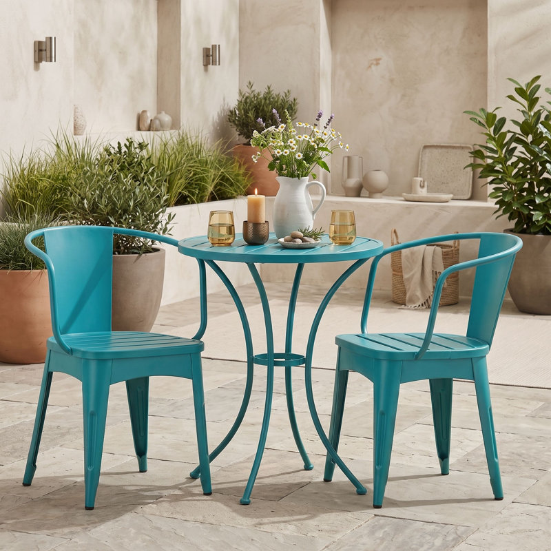 Ensemble bistro 3 pièces avec deux fauteuils et une table ronde à lattes, Teal