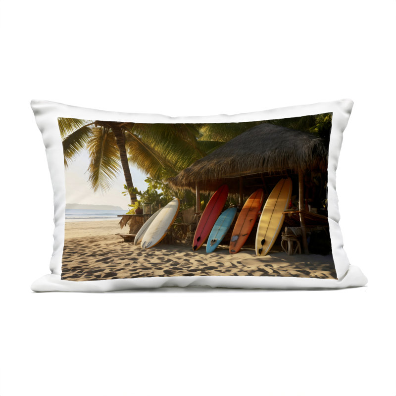 Coussin d'extérieur imprimé Surfboard At Beach Hut, design par LSR Design Studio, Brun nautique et plage 19
