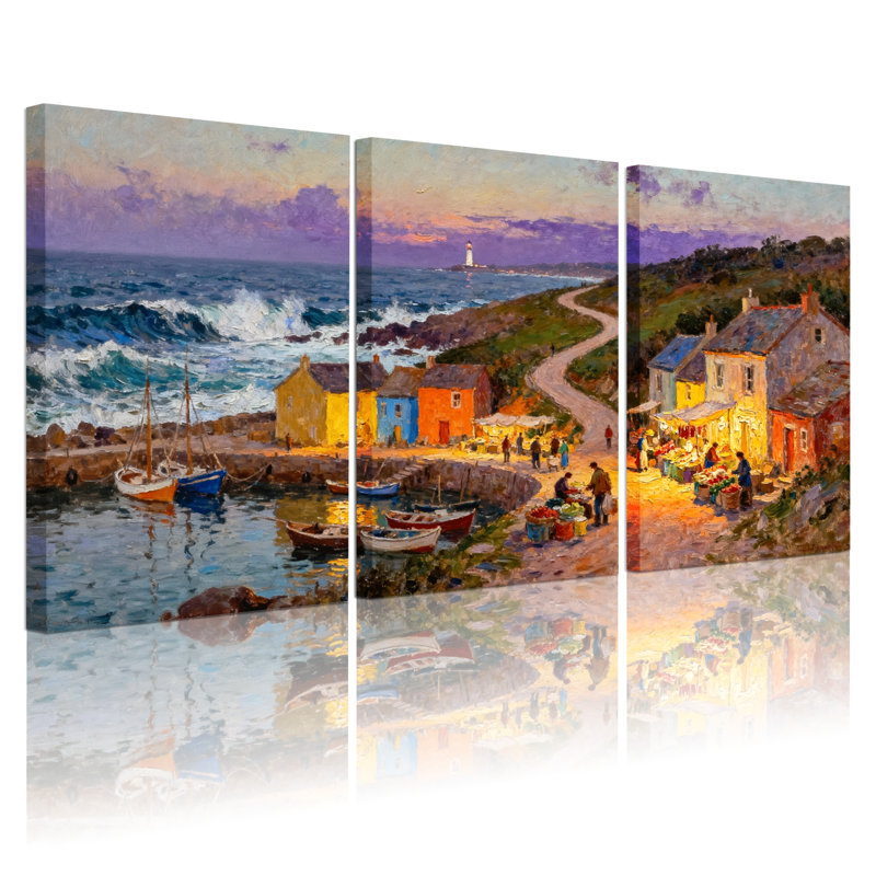 Scène et paysage urbain, paysage côtier, coucher de soleil, marché, ensemble de 3 impressions sur toile, H 30 po x l 60 po