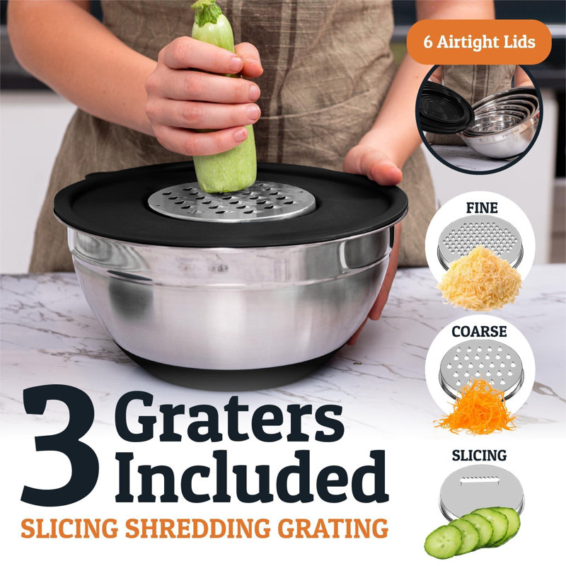 Black Stainless Steel Mixing Bowls Set with Lids and Graters