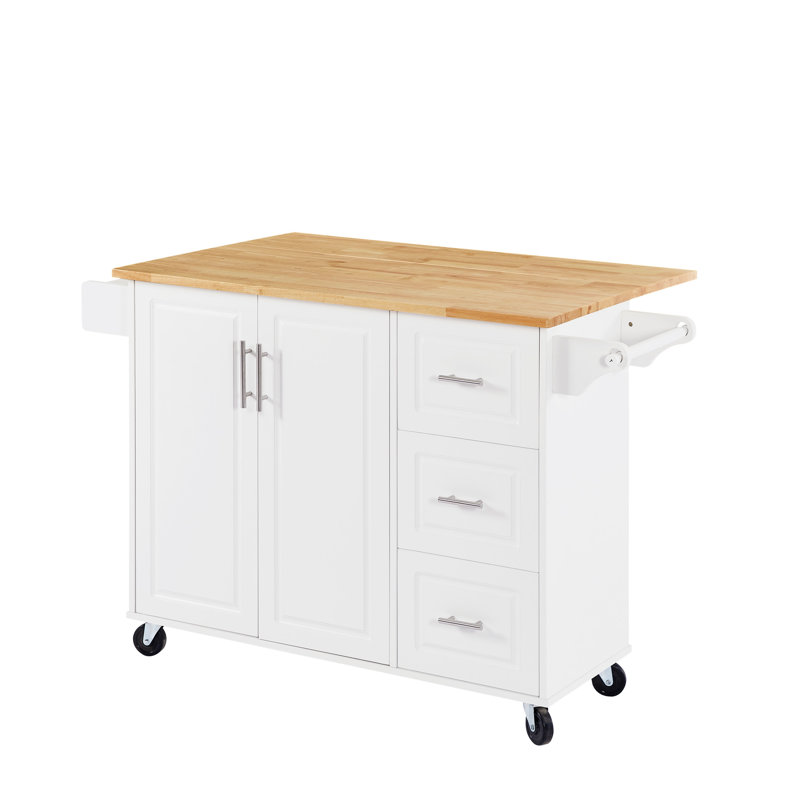 Îlot de cuisine blanc avec armoire de rangement, étagère à épices ouverte et comptoir rabattable pliable