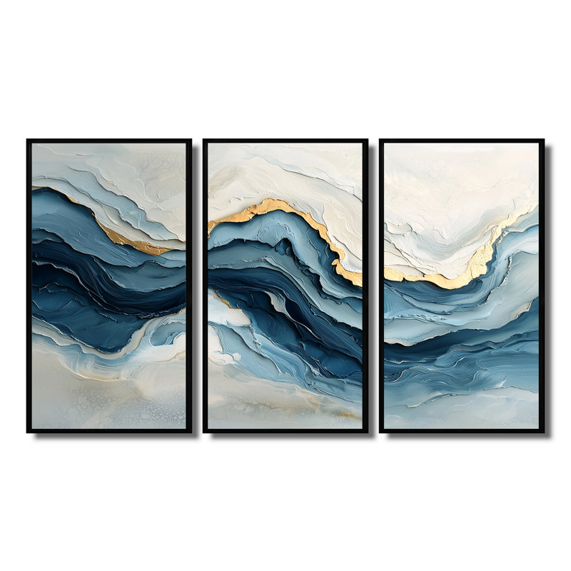 Ensemble de décorations murales vagues marbrées blanches et bleues III, H 28 po x l 36 po x P 1 po