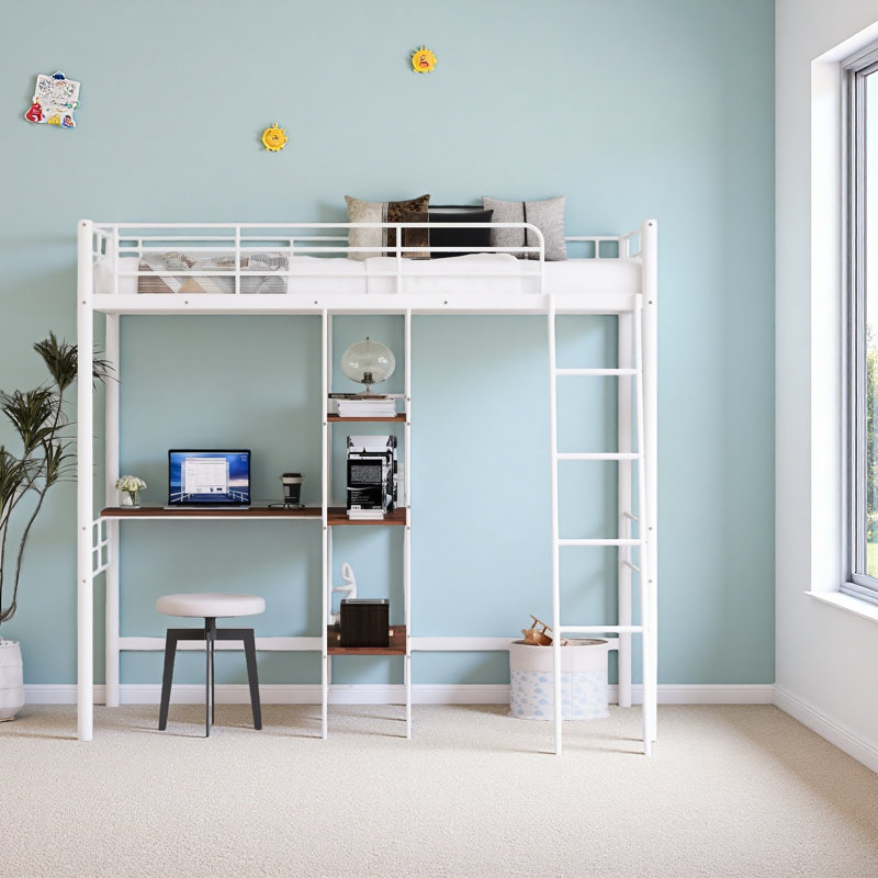 Lit mezzanine simple en métal avec bureau intégré et tablettes