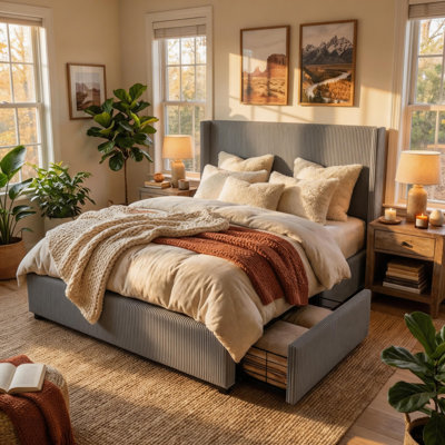 Grey Upholstered Platform Bed Frame with Storage Drawers, Corduroy Wingback with Tufted Headboard and Footboard, No Box Spring Needed, Easy Assembly