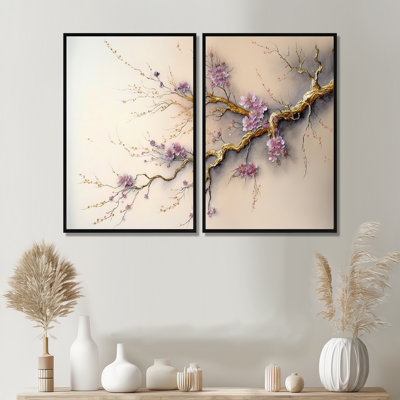 Décoration murale rose et prune cerisier en fleurs V - beige, 2 pièces