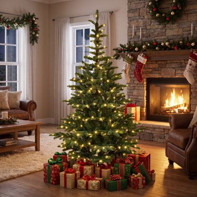 Sapin de Noël artificiel pré-illuminé de 2,44 m (8 pi) avec 500 lumières DEL blanc chaud, 1307 branches mixtes en PE/PVC