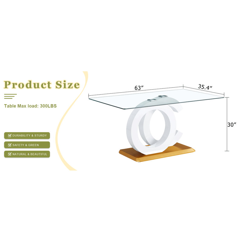 Grande table de salle à manger rectangulaire moderne en verre minimaliste, pouvant accueillir de 6 à 8 personnes, équipée d'un plateau en verre trempé, d'un support en bois aggloméré blanc et d'une base de couleur dorée, convenant à la cuisine.