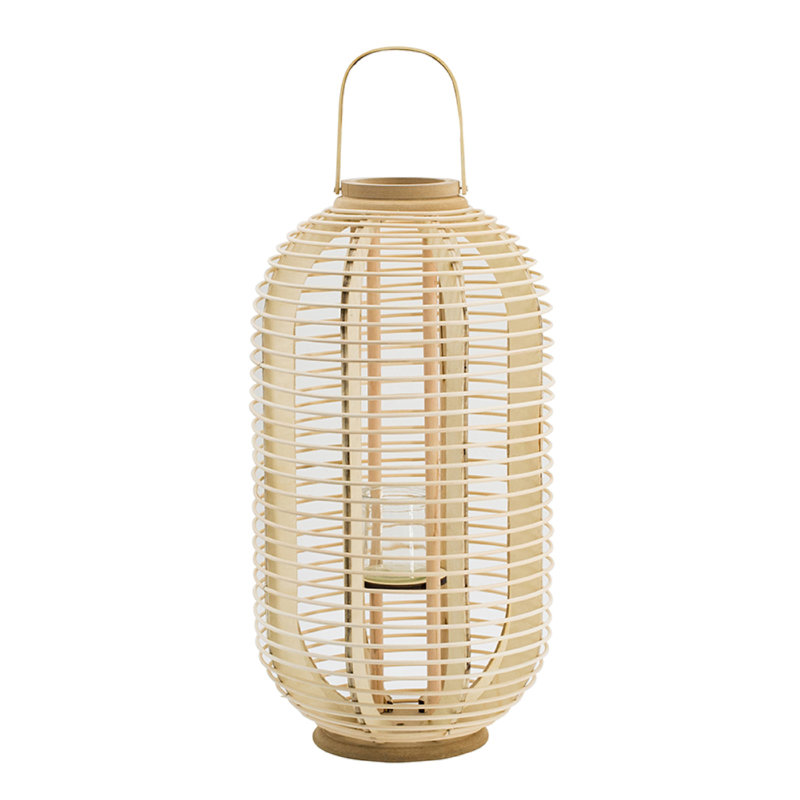 Lanterne en rotin de bambou avec insert en verre, cadre beige naturel tissé