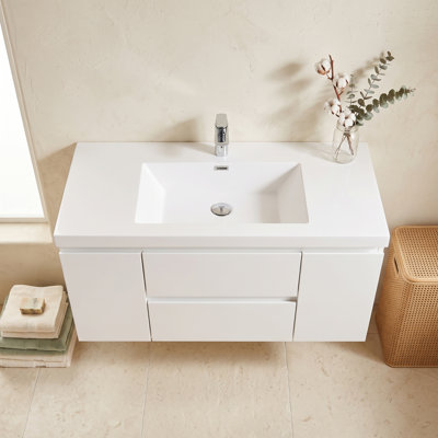 Meuble-lavabo mural en bois fabriqué étanche de 48 pouces avec lavabo intégré en résine, entièrement préassemblé