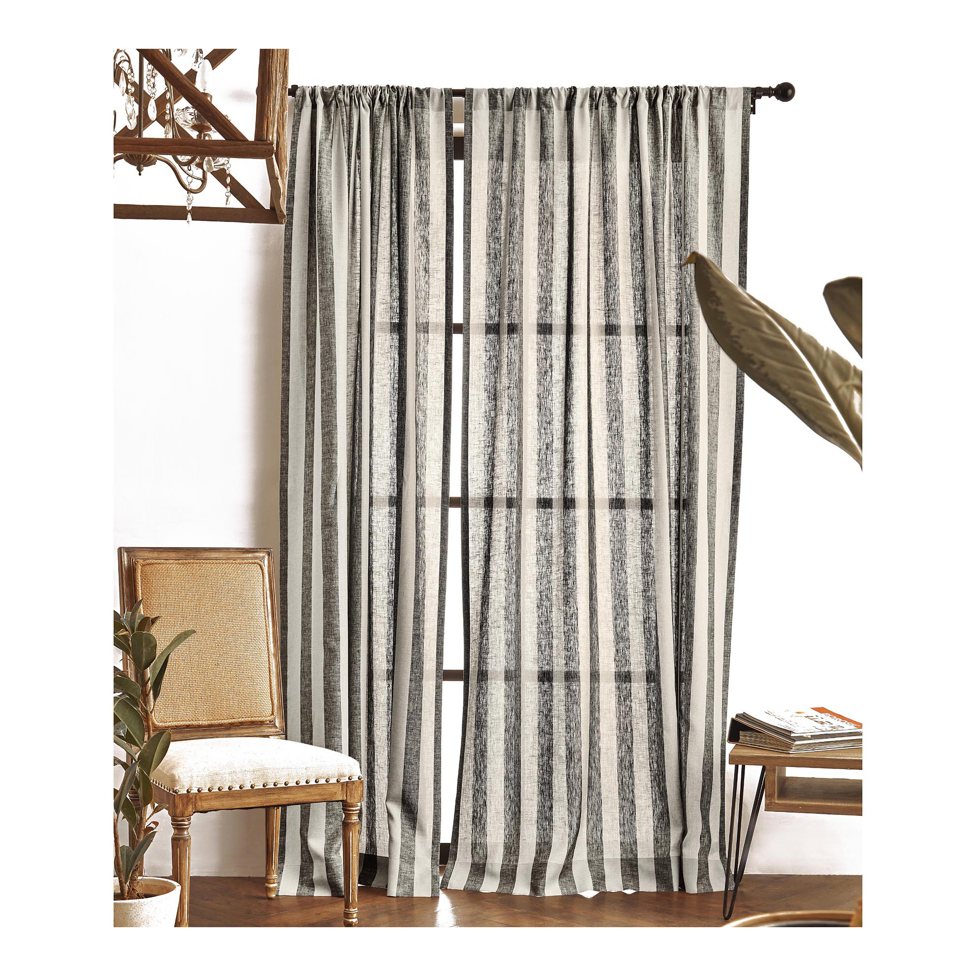  Stripe - 100% Pure Linen Curtain, 52" W x 96" L, Black and Natural