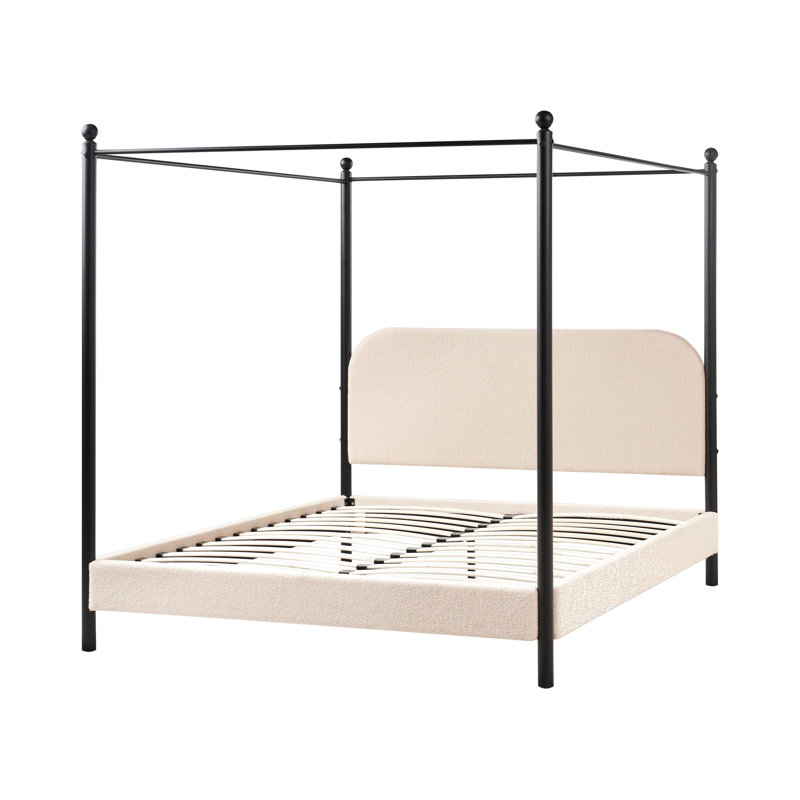 Four Poster Bed Boucle DANNEMOIS, Beige, European Double (140 x 200 cm)