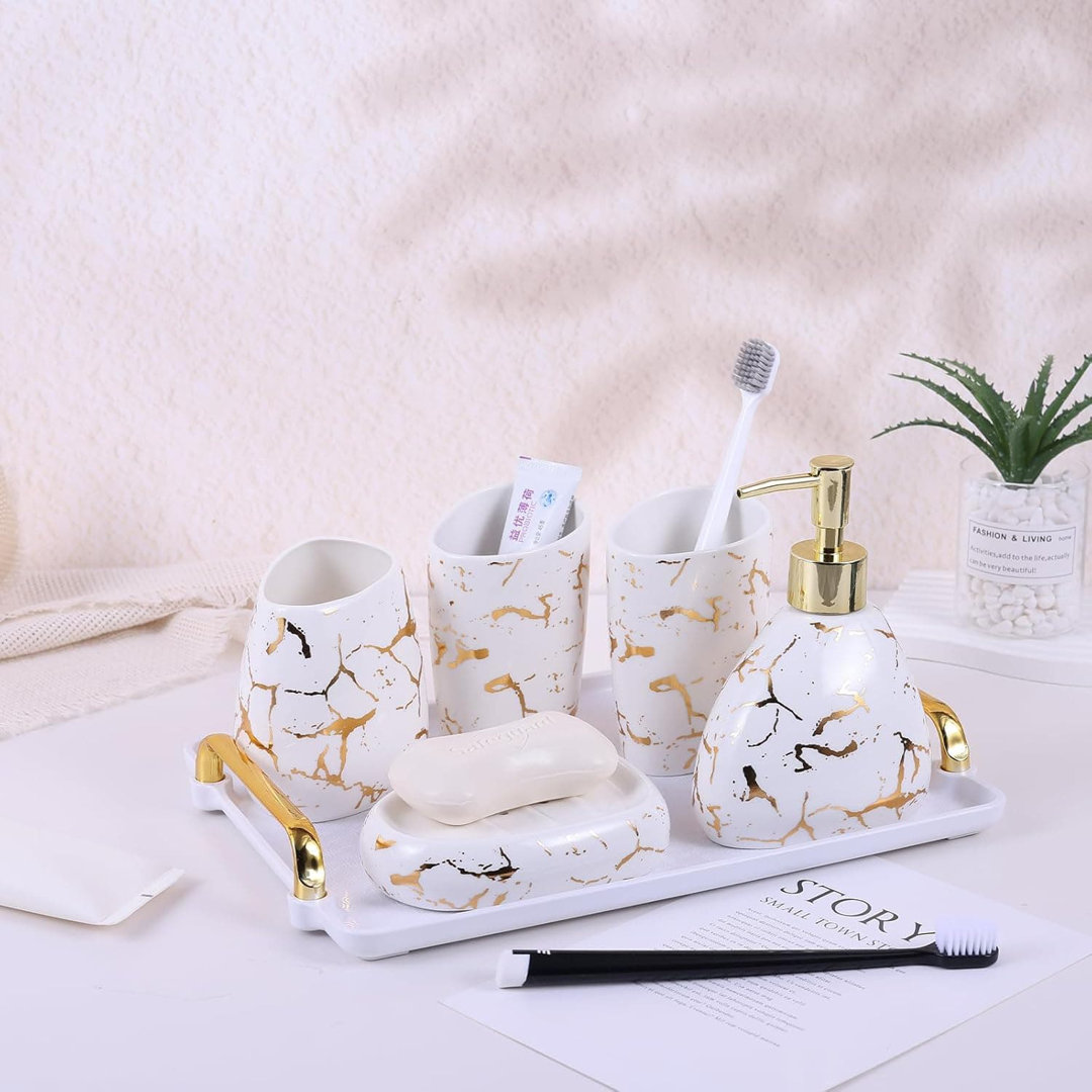 6-Piece Modern Ceramic Bathroom Set: Soap Dispenser, Toothbrush Holder, Tumbler, Tray