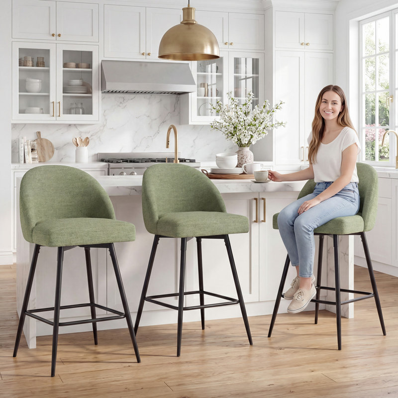 Levick Swivel Bar Stools Set Of 3, Counter Height Bar Stools With Back & Metal Legs-Green, Green/Chenille
