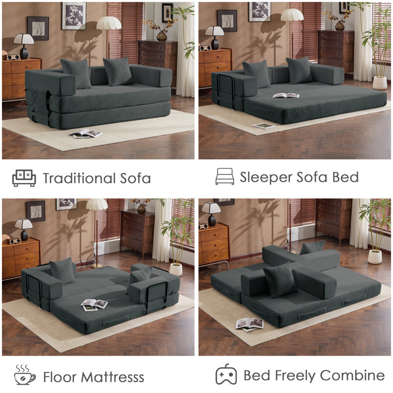 Convertible Sleep Sofa Bed With Armrests And Backrest, Corduroy Folding Couch With 2 Pillow, Modular Sectional For Living Room, Bedroom, Studio-No Assembly Needed