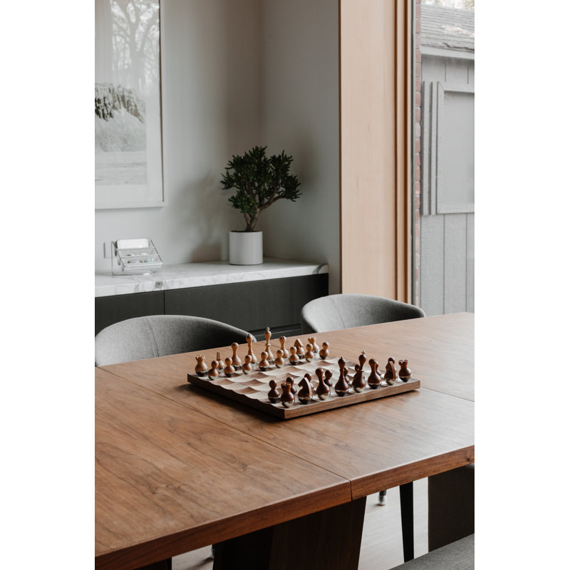 Modern Walnut and Maple Wobble Chess Set with Chrome Accents