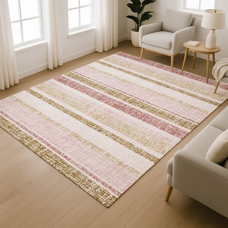 Premium Machine Washable Mayfield AMF2122 Striped Rug, 3' x 5', Pink