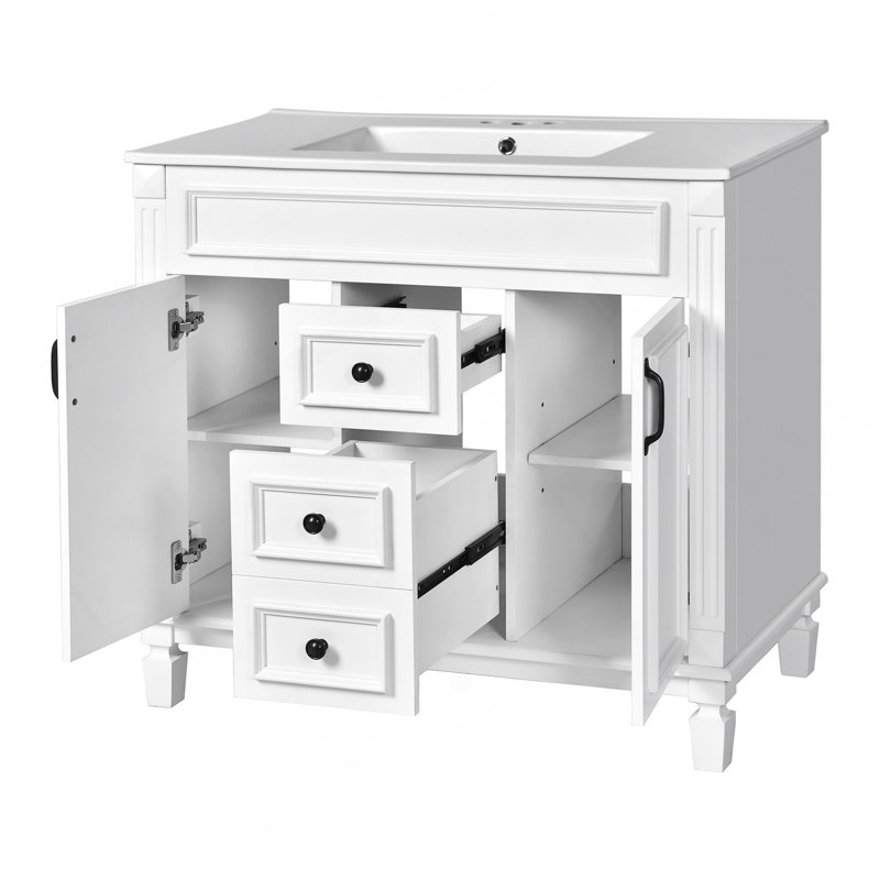 Meuble-lavabo 36 po avec lavabo supérieur, armoire de rangement moderne avec 2 portes à fermeture douce et 2 tiroirs, meuble-lavabo simple
