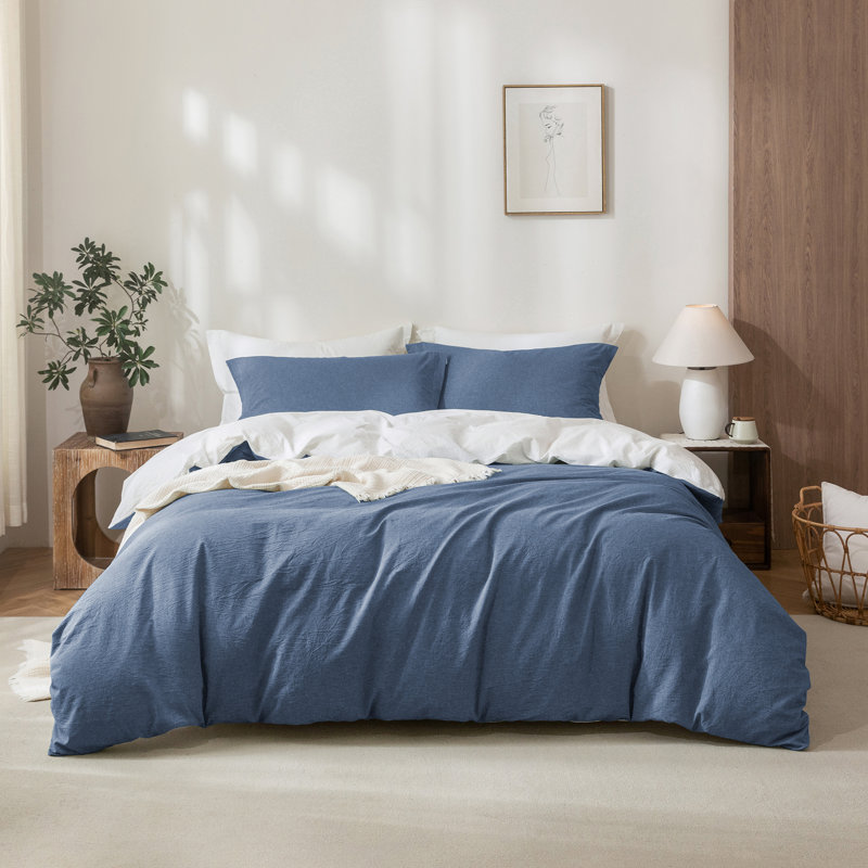 Solayne 100% Washed Cotton Duvet Cover Set with Faux Hemp Texture, Solid Color, Zipper Closure and Corner Ties, Navy