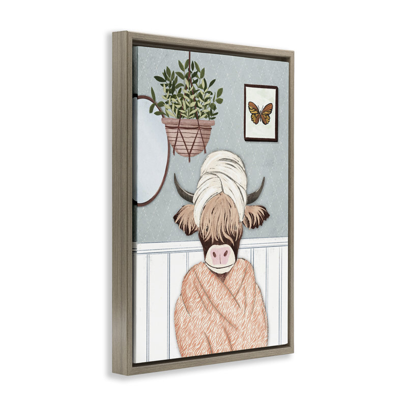 Toile flottante encadrée peignoir Highland Cow par JJ Design House, LLC., Cadre flottant orme Montalcino, H 25 po x l 17 po