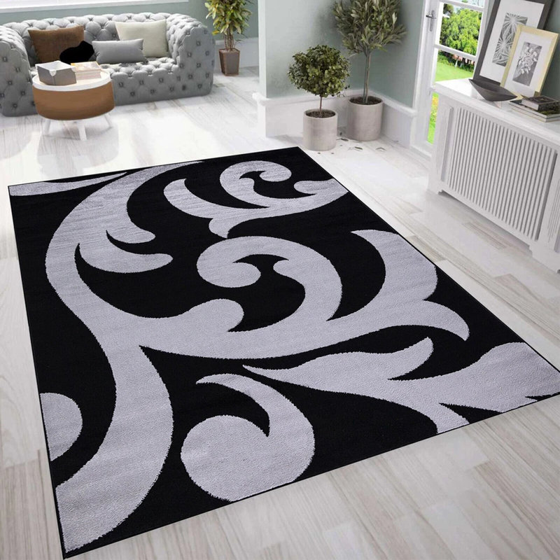 Black Grey Sophia Modern Floral Area Rug & Runner – Stylish Living Room, Bedroom & Hallway Carpet, Rectangle 80 x 150cm