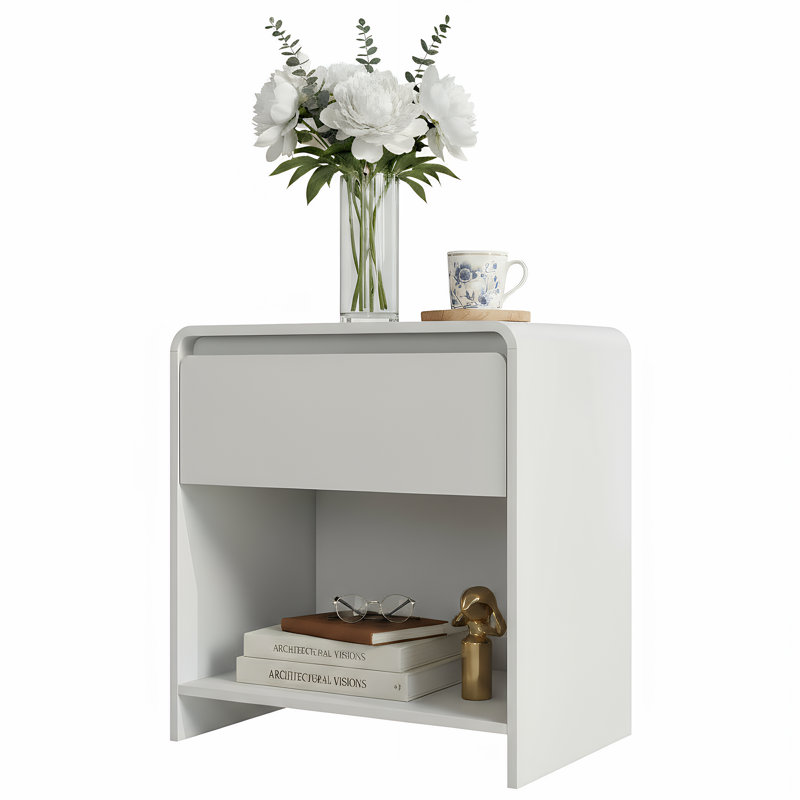 Wood Nightstand With Charging Station For Bedroom, 23.6" Wide Modern 1-Drawer Endtable With Curved Front