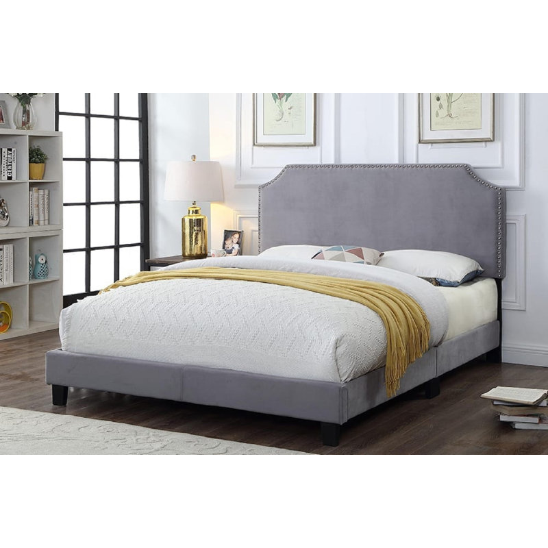 Lit double en velours luxueux avec tête de lit festonnée et garniture cloutée, cadre de lit à tête de lit réglable, gris