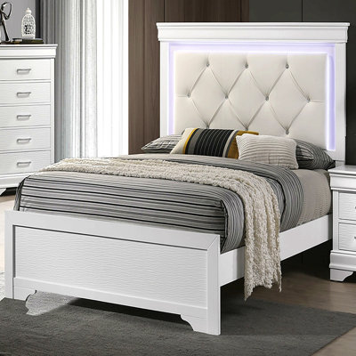 White Faux Leather Tufted Headboard 1pc Queen Size Bed W Led Bedroom Furniture White Unique Texture Fb Solid Wood