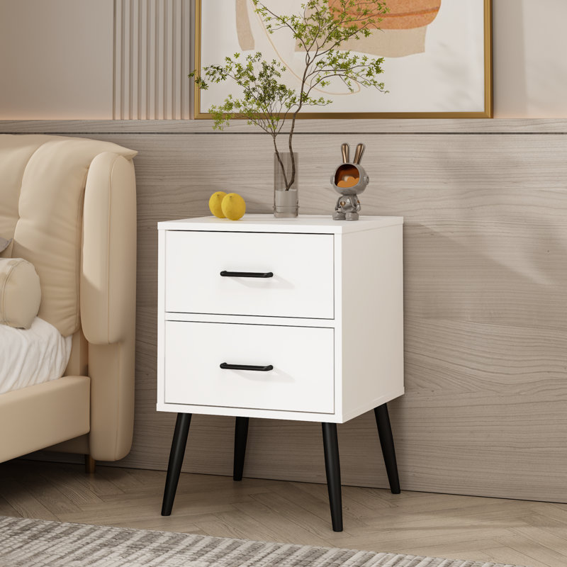 Table de chevet blanche moderne à 2 tiroirs avec pieds et poignées en métal pour la chambre à coucher ou le salon