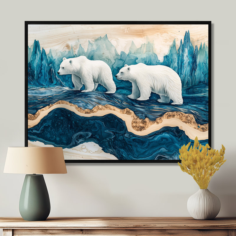 Ours blancs sur un glacier dans un paysage de Norvège I - art mural ours, H 34 po x l 44 po, Cadre flottant, Noir