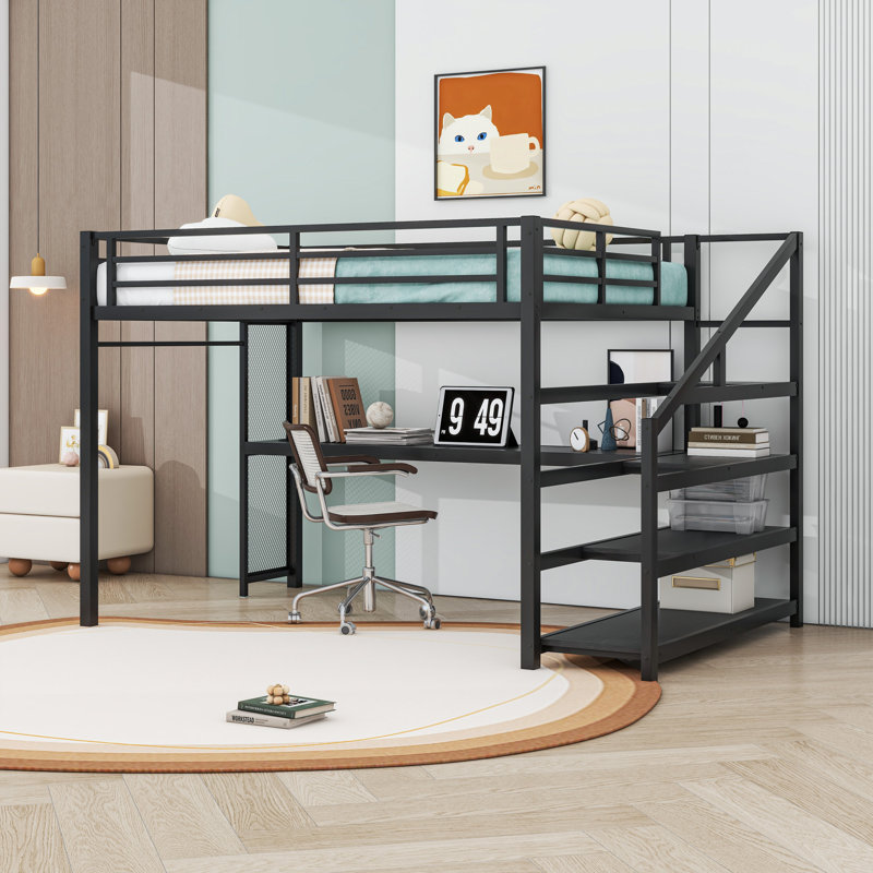 Grand lit mezzanine avec bureau, escalier de rangement, éclairage DEL et station de charge
