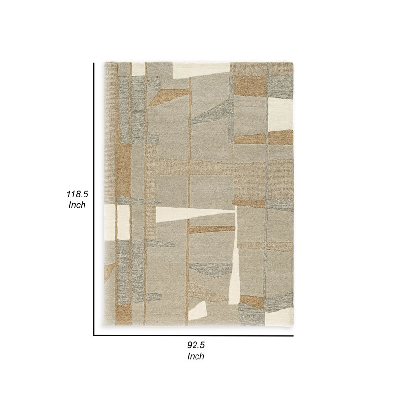 Tapis 8 x 10 Teon, motif géométrique tissé à la main, laine gris taupe