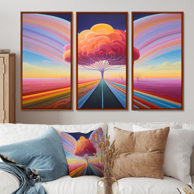 «Pastel Country Road Pink Majestic Tree Sunset», ensemble d'art mural paysage abstrait