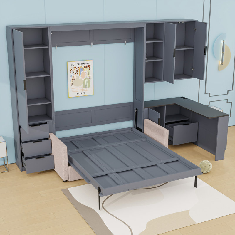 Grand lit escamotable avec canapé et bureau, tiroirs, tablettes, Dark Grey