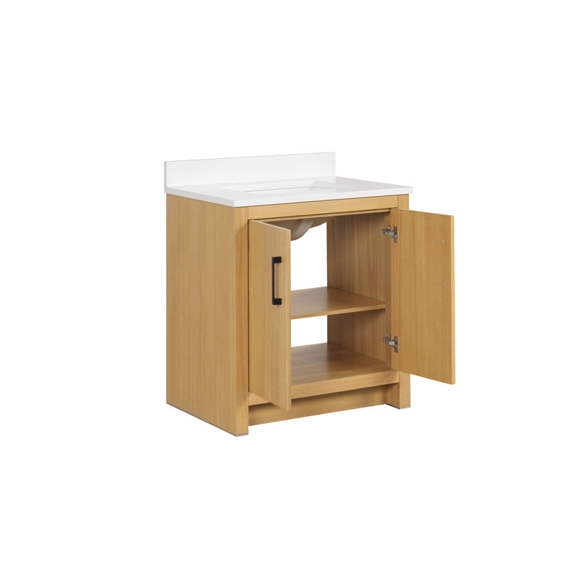 Meuble-lavabo sur pied moderne Sandi de 76 cm (30 po) en chêne clair, de marque Tennant, avec un seul lavabo et un comptoir en quartz blanc. Entièrement assemblé.