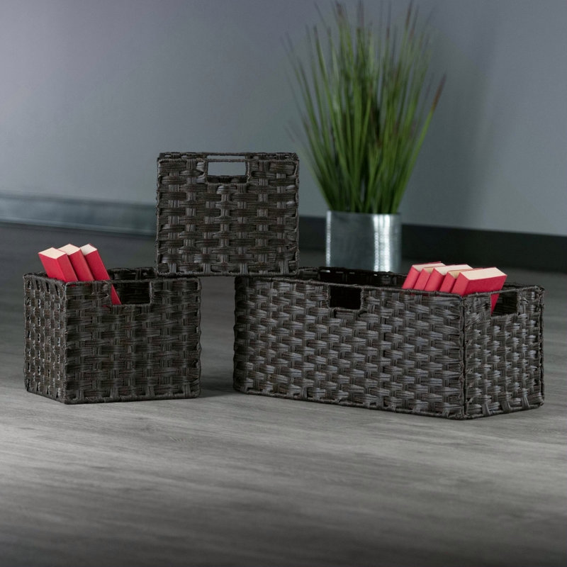 3-Pc Foldable Woven Fiber Basket Set; Chocolate, Chocolate