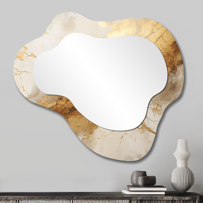 Miroir mural abstrait abstrait irrégulier - beige et marbre doré, imprimé sur métal