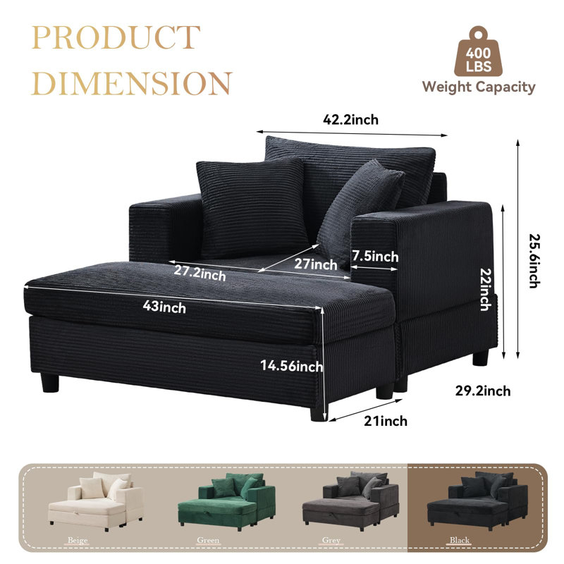 Méridienne rembourrée avec repose-pieds et coussins avec rangement Corduroy, Repose-pieds avec rangement, Noir