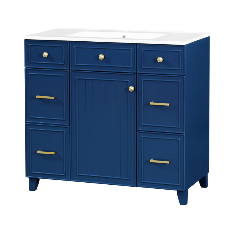 Meuble-lavabo 36 po avec lavabo en céramique et tiroir, porte, armoire de rangement, Bleu